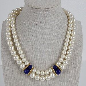Vtg. Napier White Faux Pearl And Lapis Bead 2-Strand Collar Necklace Gold-Tone